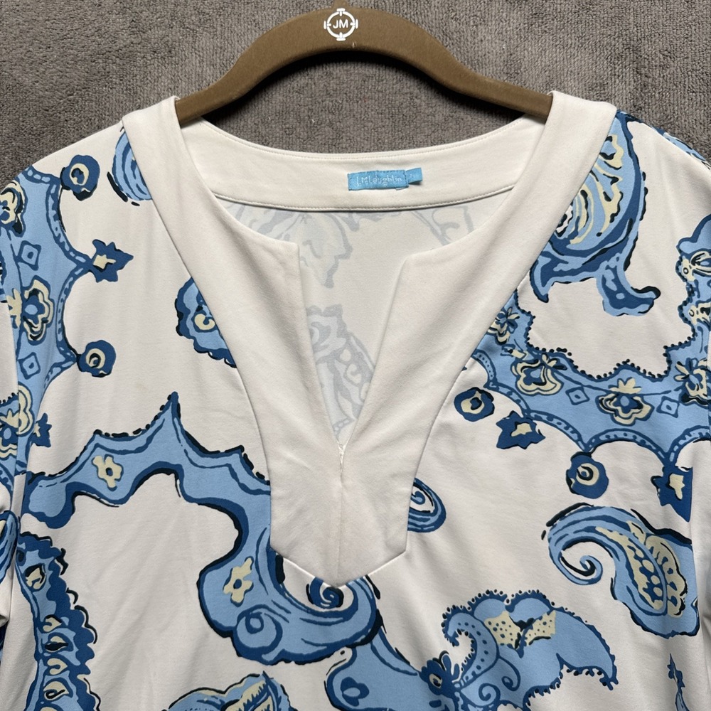 J McLaughlin Catalina Cloth Tunic Top Womens Large Blue Paisley‎ 3/4 Sleeve